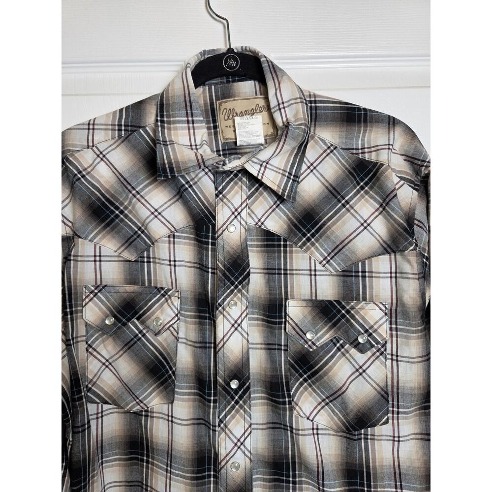 Wrangler Shirt Mens Large Beige Black Plaid Western Snap Pockets Long Sleeve - Picture 2 of 8